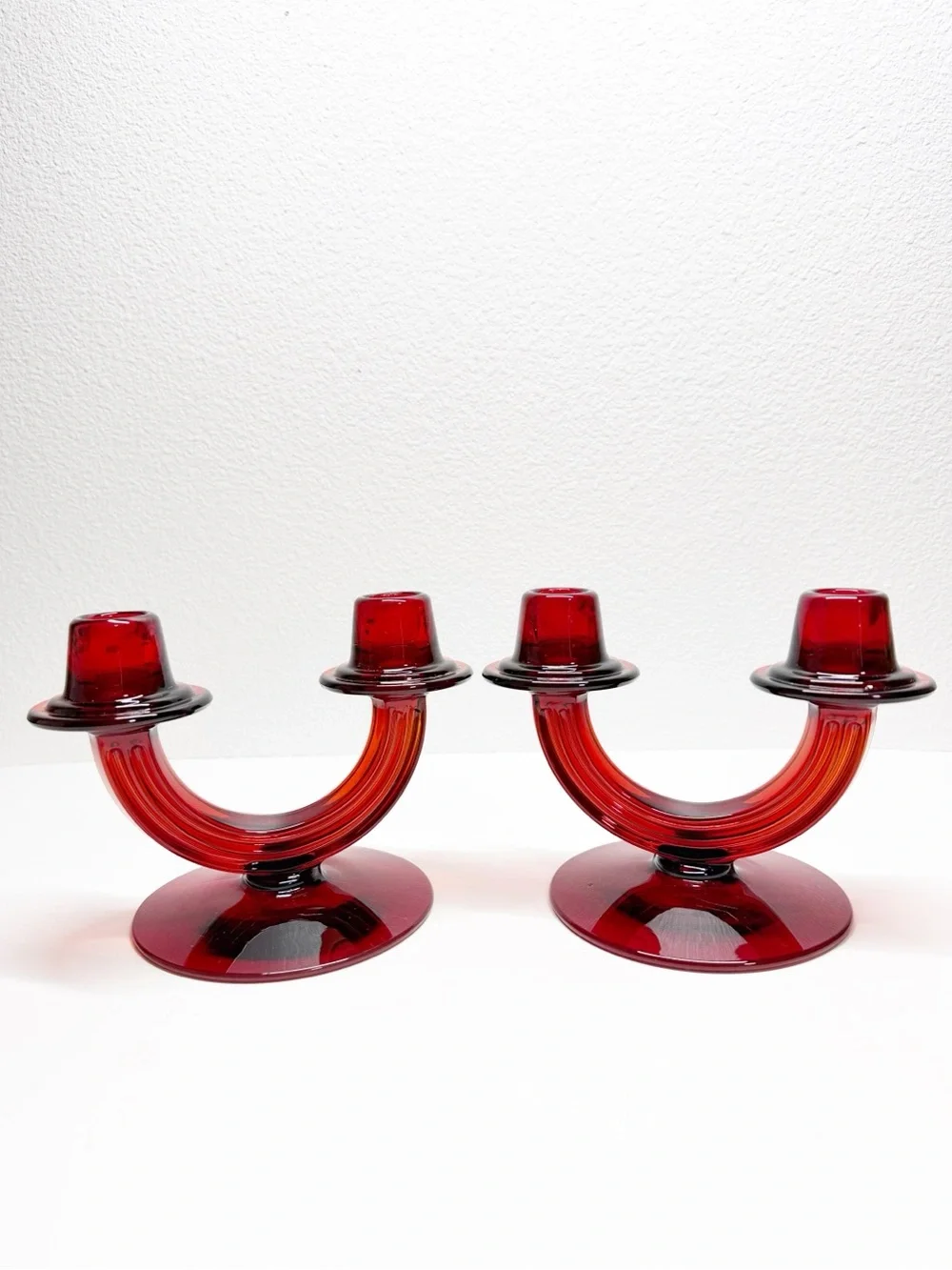 Rare 30s Vintage Fostoria Ruby Red Duo Art Deco Taper Candle Sticks Pair